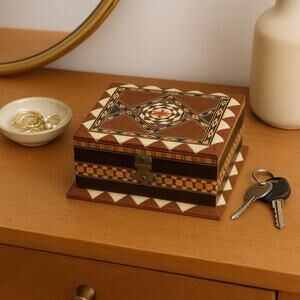 Vintage ARVI Wooden Trinket Box Inlaid Marquetry Red Velvet Lining Spain